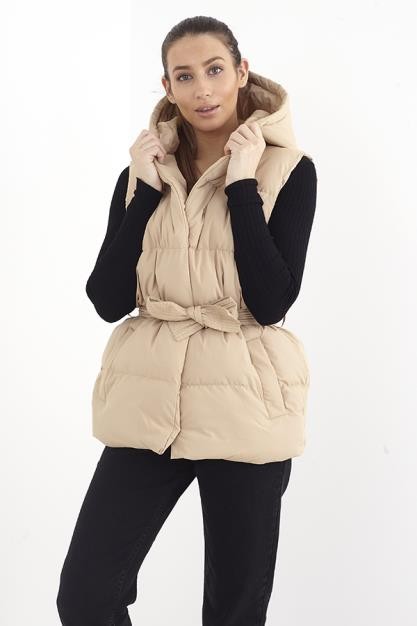 Stone Plain Tie Belt Detail Hooded Padded Gilet