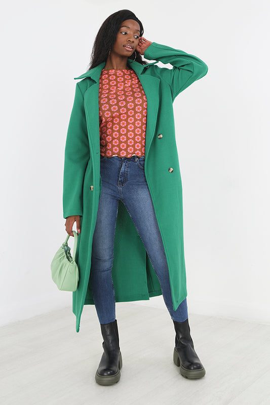 Dark Emerald Faux Wool Double Breasted Maxi Jacket