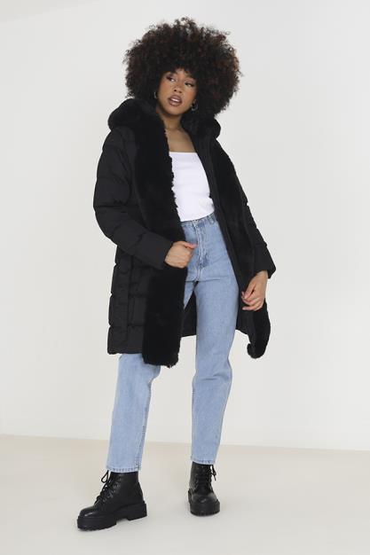 Padded Hooded Jacket With Faux Fur Trim