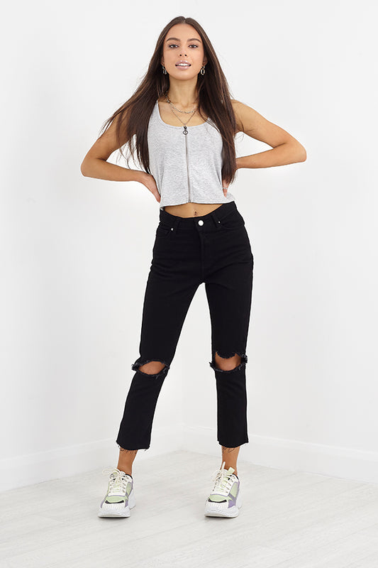 Black Distressed Knee And Hem Mom Jeans