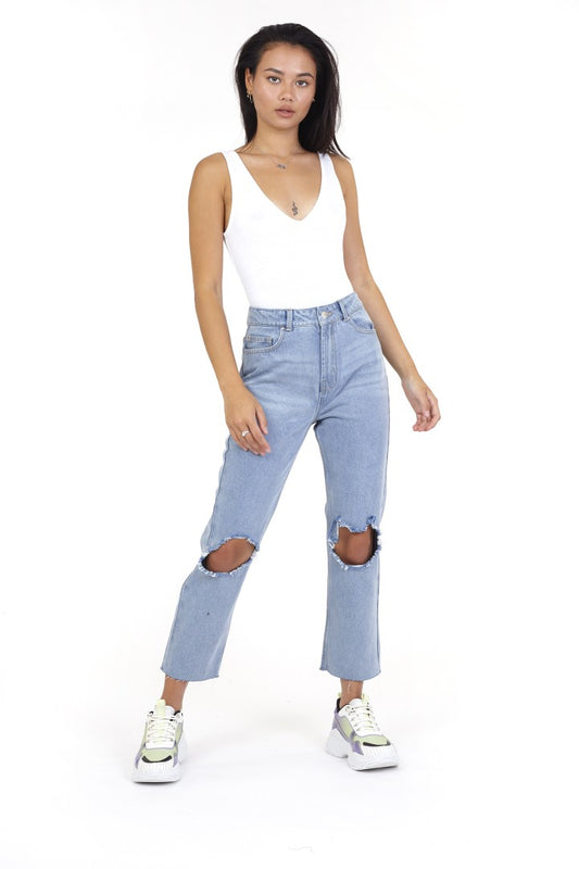 Pale Blue Distressed Knee And Hem Mom Jeans
