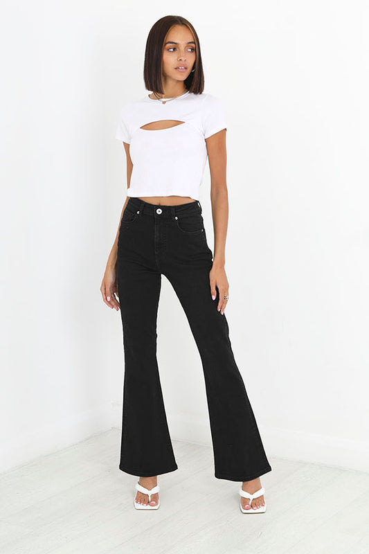 Plain Black High Waisted Flated Denim Jeans