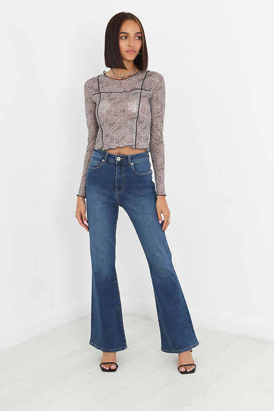 Plain Mid Blue High Waisted Flated Denim Jeans