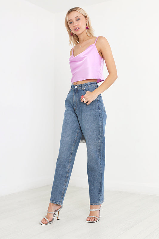 Plain Mid Blue Full Length Denim Mom Jeans