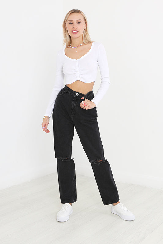Plain Black Washed Ripped Knee Denim Mom Jeans