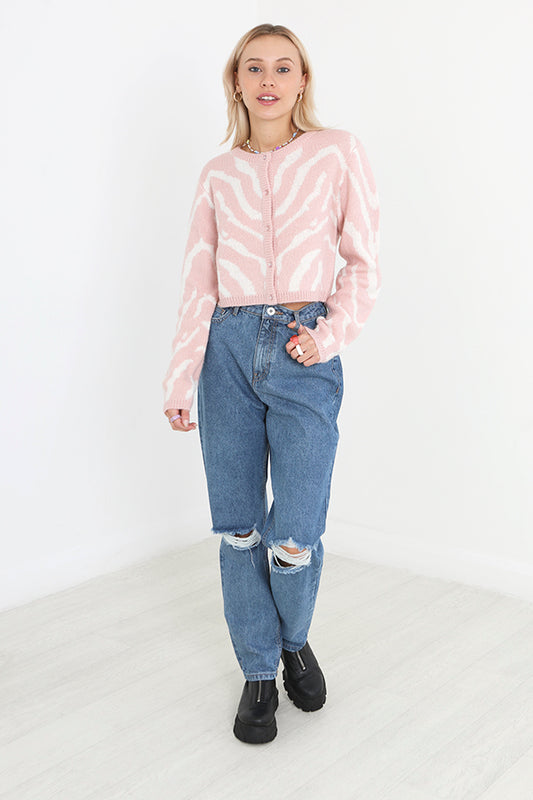 Plain Mid Blue Ripped Knee Denim Mom Jeans