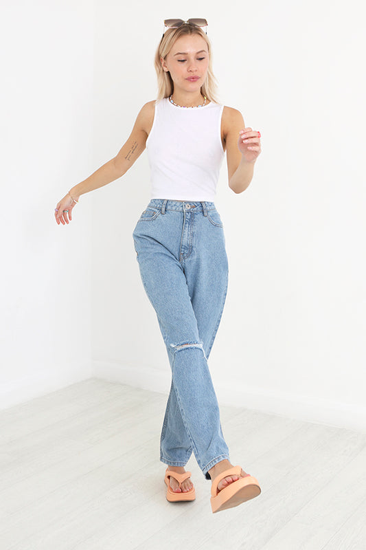 Plain Light Blue Ripped Knee Denim Mom Jeans