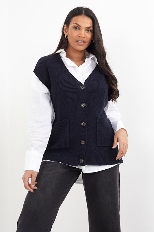 Pocket Detail Button Up Rib Knitted Waistcoat