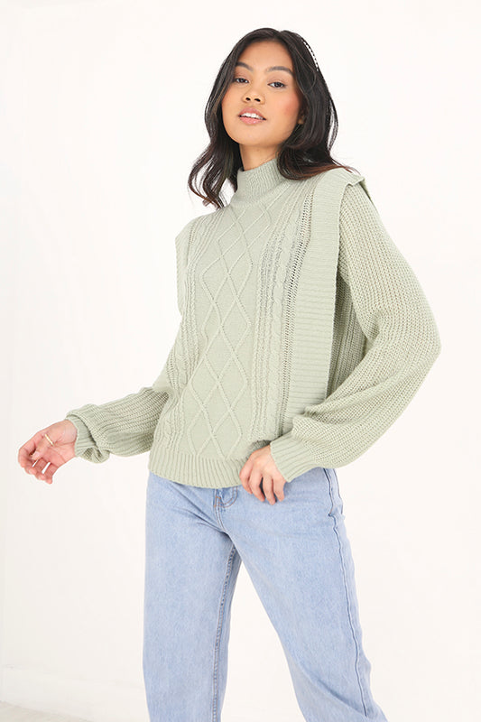 Sage Balloon Sleeve Crew Neck Fisherman Knit Jumper