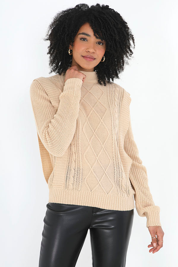 Biscuit Balloon Sleeve Crew Neck Fisherman Knit Jumpe