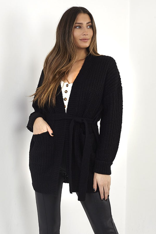 Tie Belt Detail Chunky Knitted Cardigan
