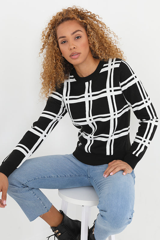 Black And White Jacquard Check Print Knitted Jumper
