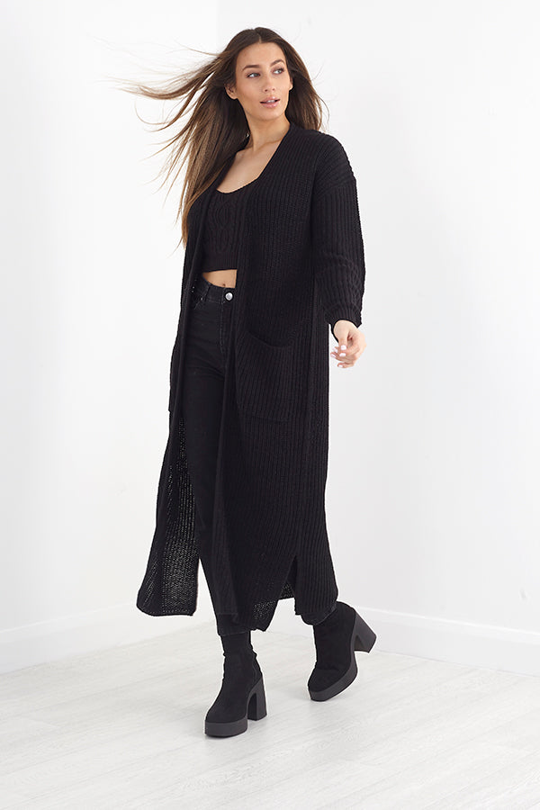Longline Fisherman Rib Pocket Detail Knitted Cardigan
