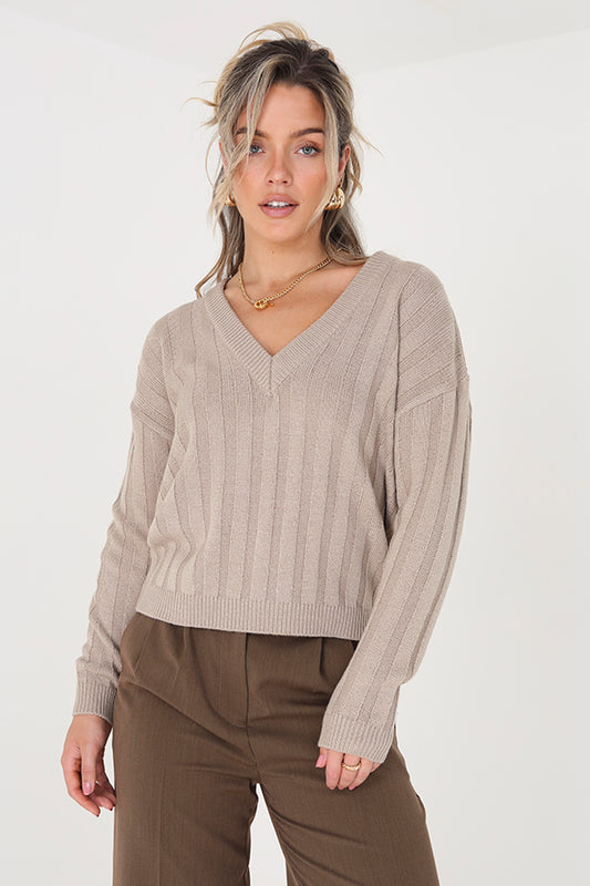 Knitted Boxy V Neck Rib Jumper