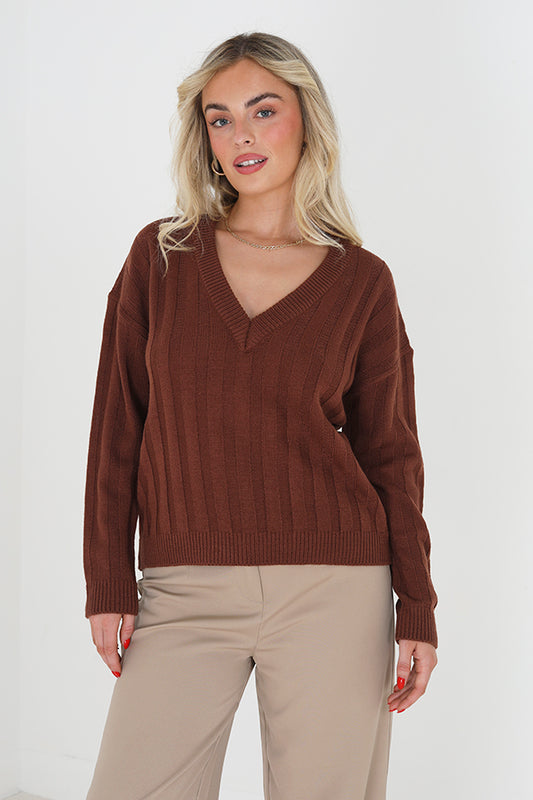 Knitted Boxy V Neck Rib Jumper