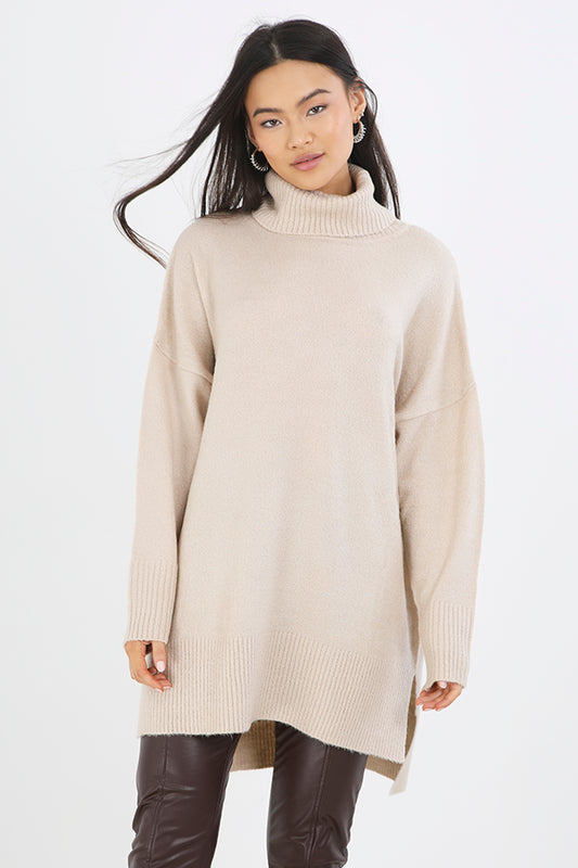 Oatmeal Roll Neck Oversized Long Knit Jumper