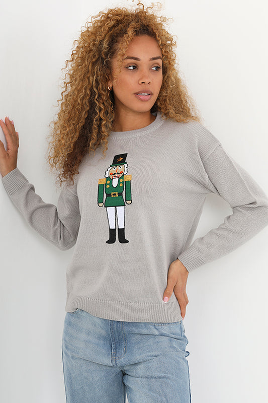 Grey Nutcracker Applique Design Christmas Jumper