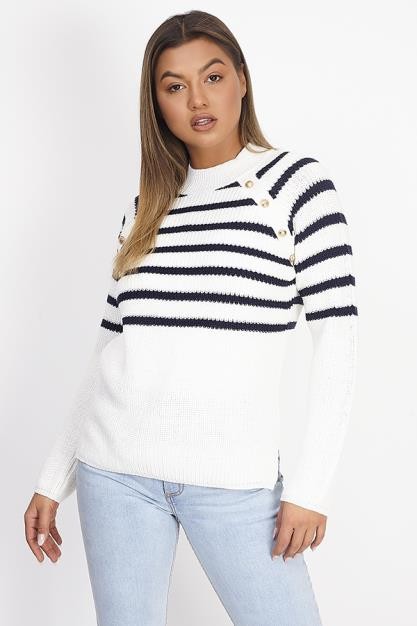 Ecru Ribbed Knit With Navy Stripe Detail Jumper