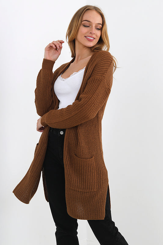 Fisherman Rib Knit Split Detail Long Open Cardigan