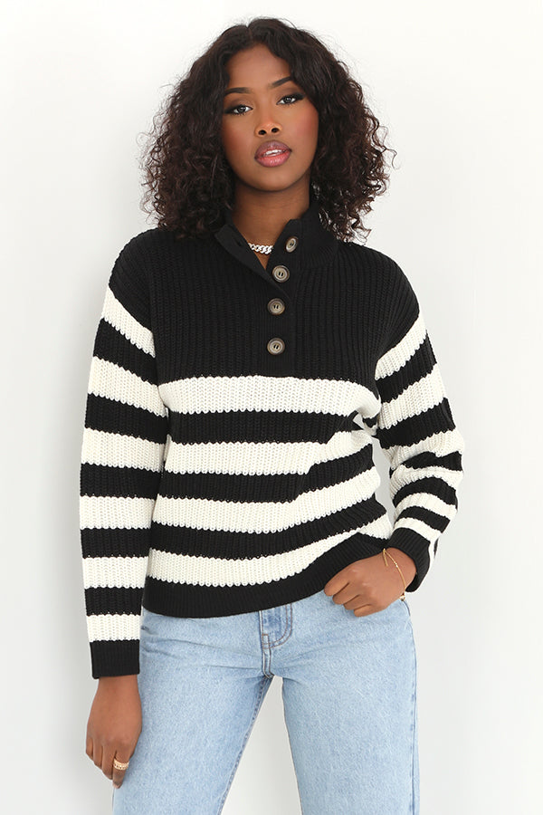 Striped Button Detail Fisherman Knit Jumper