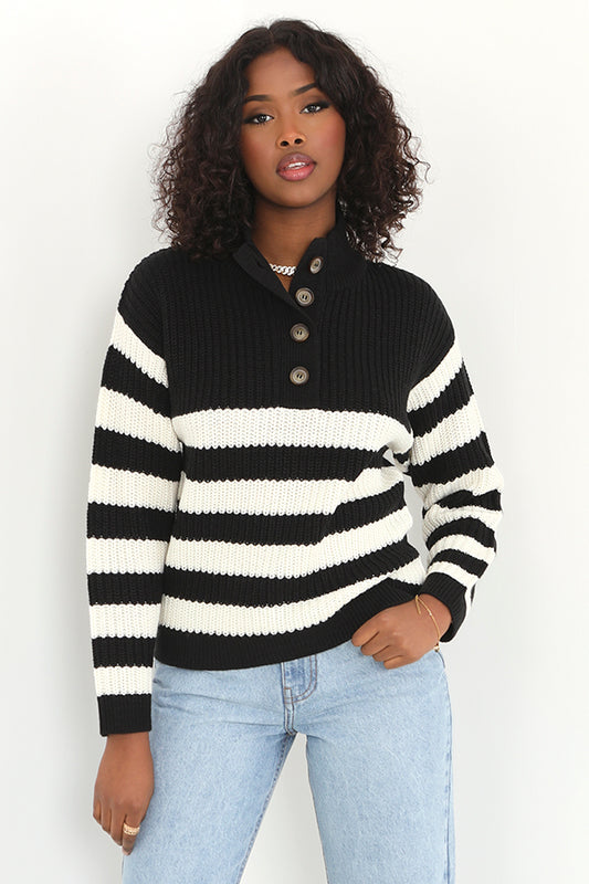 Striped Button Detail Fisherman Knit Jumper
