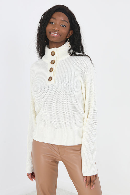 High Neck Button Detail Fisherman Knit Jumper