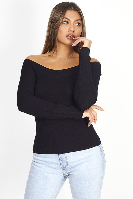 Plain Skinny Rib Long Sleeve Bardot Jumper