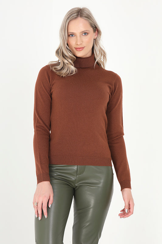 Chocolate Roll Neck Long Sleeve Flat Knit Jumper
