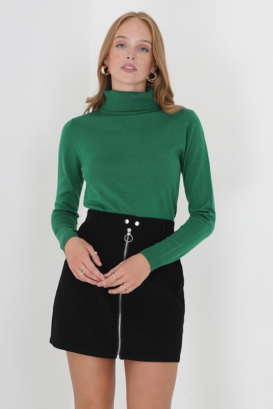 Bright Green Roll Neck Long Sleeve Flat Knit Jumper