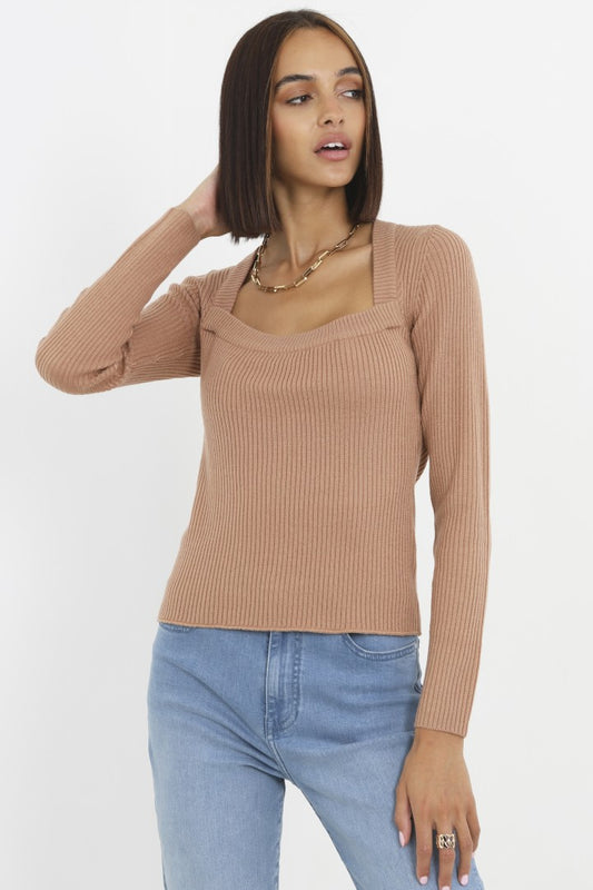 Light Camel Square Neck Ribbed Knitted Jumper