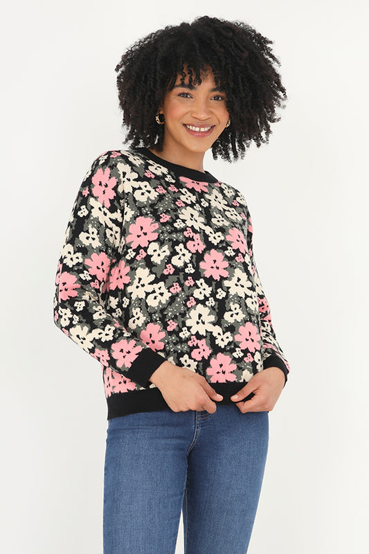 Floral Jacquard Pattern Crew Neck Knit Jumper