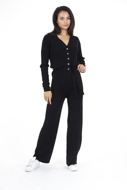 Black Ribbed Button Front Knitted Jumpsuit