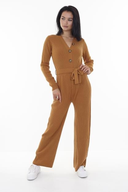 Camel Ribbed Button Front Knitted Jumpsuit