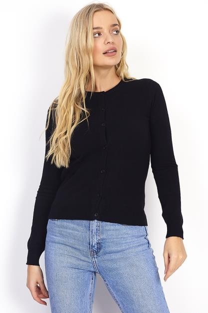 Plain Black Button Up Crew Neck Cardigan