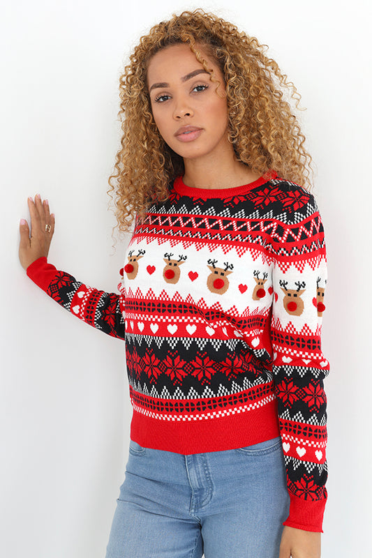 Pom Pom Detail Red Fairisle Christmas Jumper