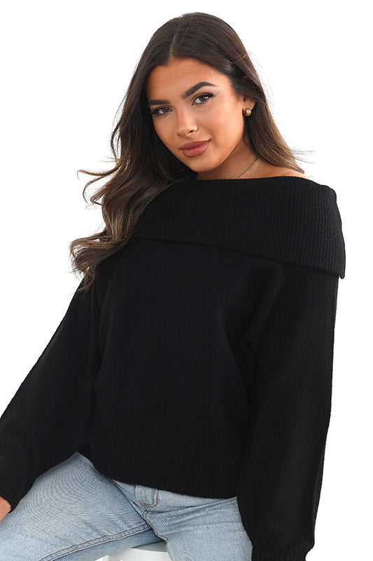 Plain Folded Off The Shoulder Knitted Jumper