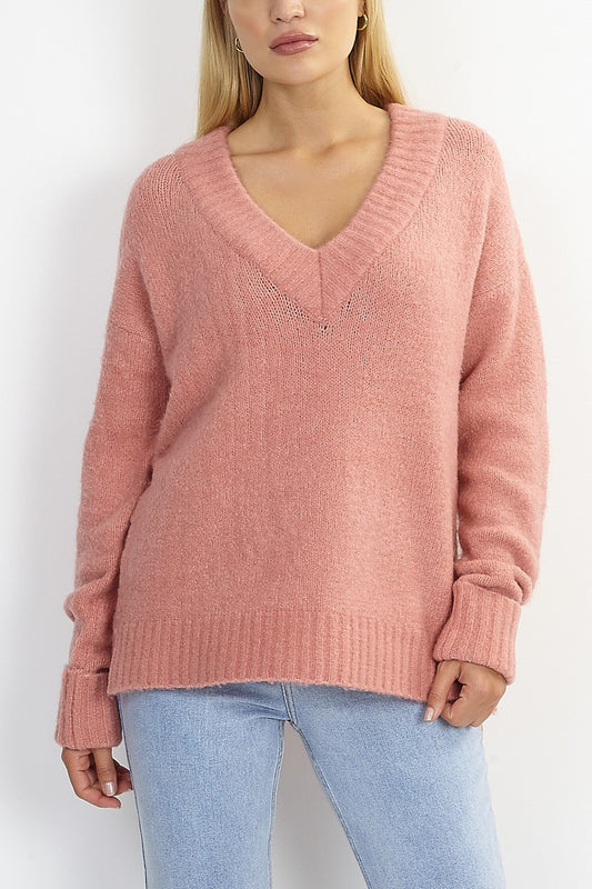 Relaxed Fit Rib Trim V-Neck Jumper