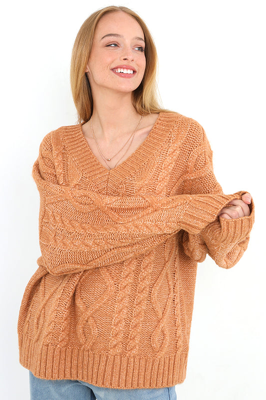 Warm Camel Oversized Cable V Neck Knitted Jumper