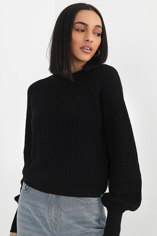 Fisherman Ribbed Balloon Sleeve Crew Neck Knit Jumper