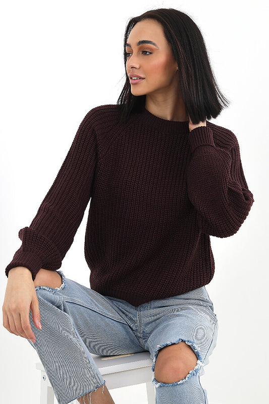 Fisherman Ribbed Crew Neck Balloon Sleeve Knit Jumper