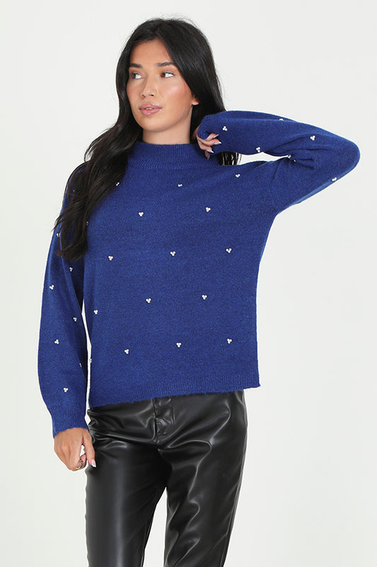 Electric Blue Long Sleeve Pear Embellished Jumper