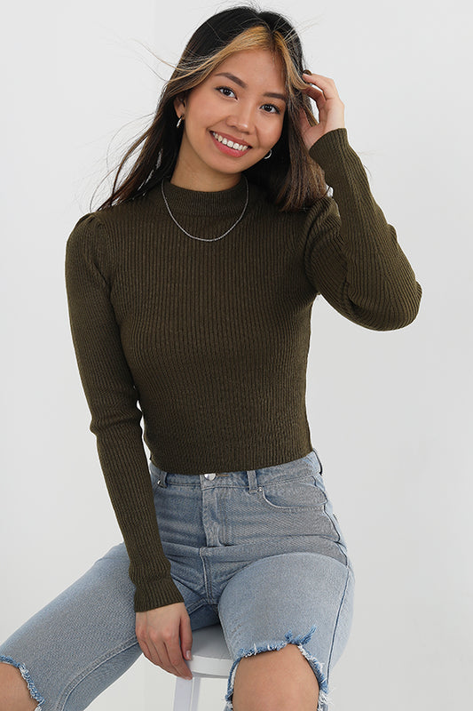 Khaki Plain Ribbed Turtleneck Cropped Jumper