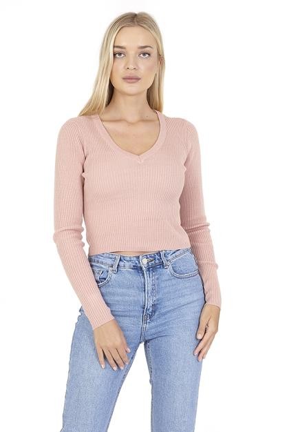 Cropped Long Sleeve Ribbed V-Neck Jumper