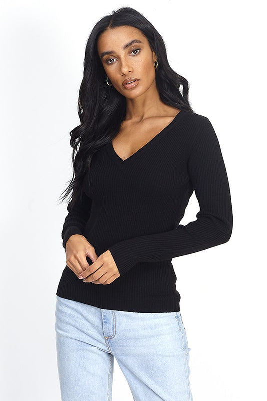 Plain Ribbed Black Long Sleeve V-Neck Jumper