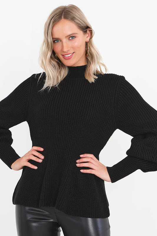 Fisherman Rib Balloon Sleeve Knitted Jumper