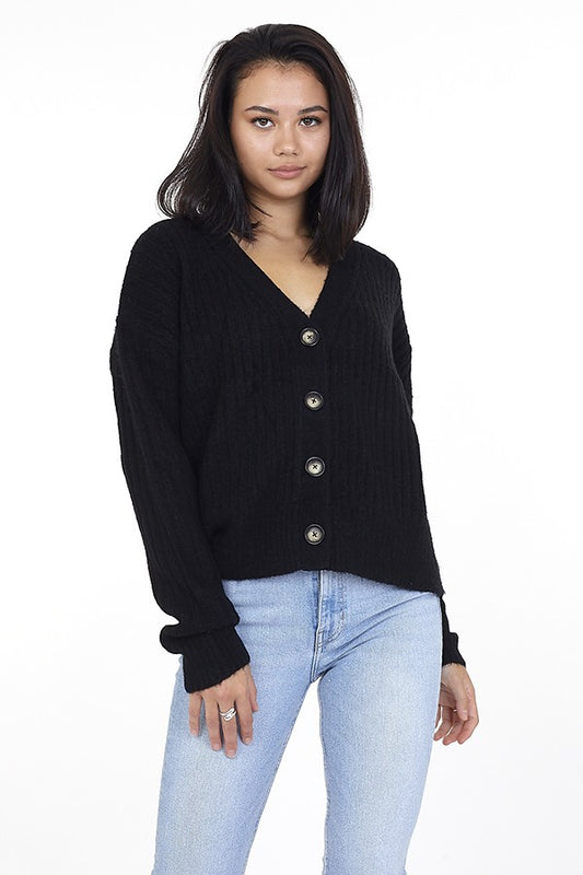 Black Short Ribbed Button Up Cardigan