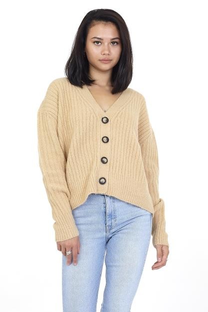 Biscuit Short Ribbed Button Through Cardigan