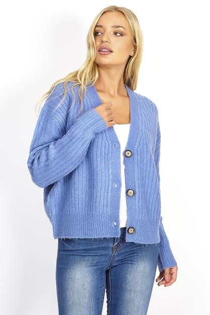 Blue Short Ribbed Button Through Cardigan