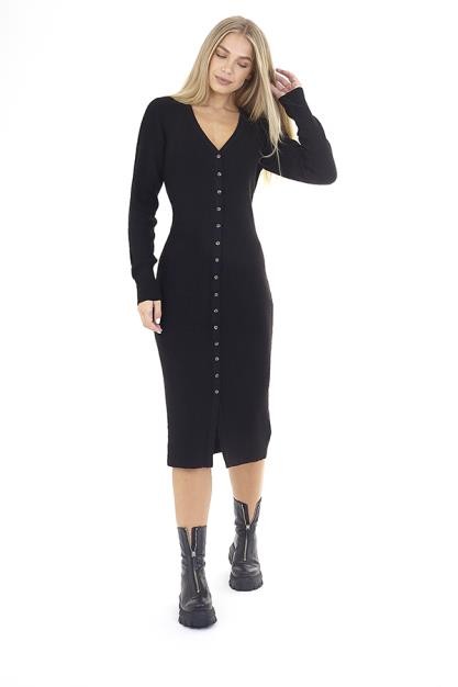 Ribbed Black Longline Button Through Knitted Cardigan
