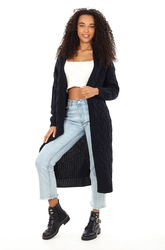 Black Chunky Cable Knit Fisherman Rib Cardigan